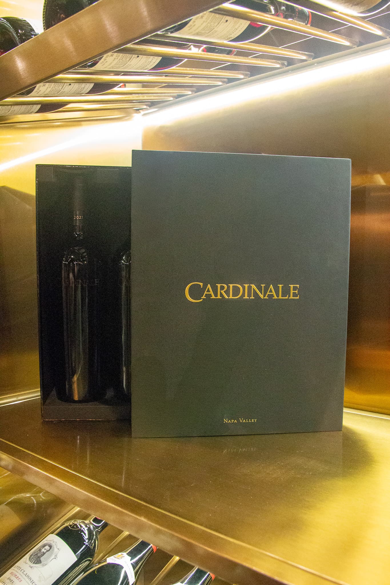The Cardinale wine list displayed in The Vault cellar